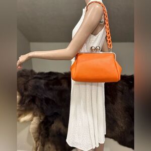 Orange Pebble Leather Handmade Large Balls Kiss Lock Handbag/ Multi Use Style